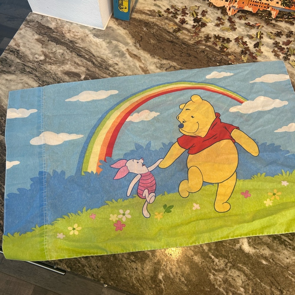 Vintage Disney Winnie the Pooh standard Pillowcase has wear stains made in USA